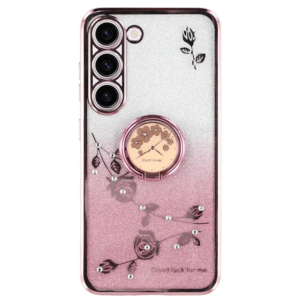 KADEM For Samsung Galaxy S22 5G TPU Case with Kickstand Flower Pattern Rhinestone Decor - Rose Gold - 1