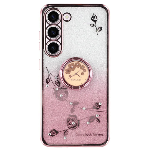 KADEM For Samsung Galaxy S22+ 5G TPU Case with Kickstand Glitter Flower Pattern Rhinestone Decor - Rose Gold - 1