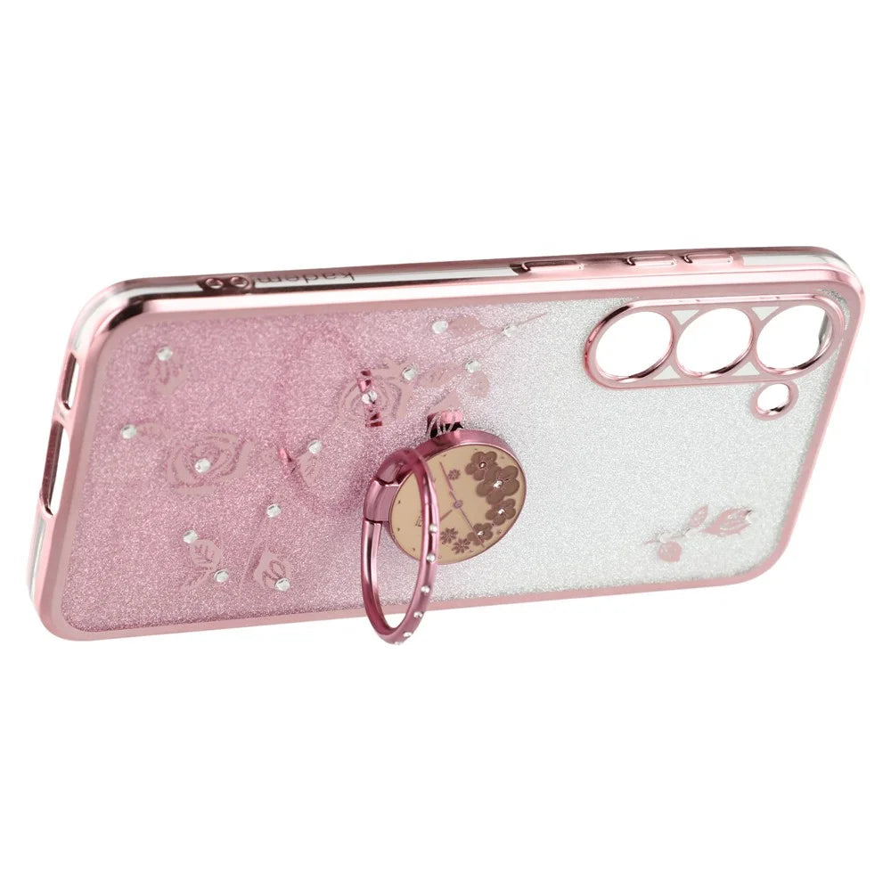 KADEM For Samsung Galaxy S22+ 5G TPU Case with Kickstand Glitter Flower Pattern Rhinestone Decor - Rose Gold - 4