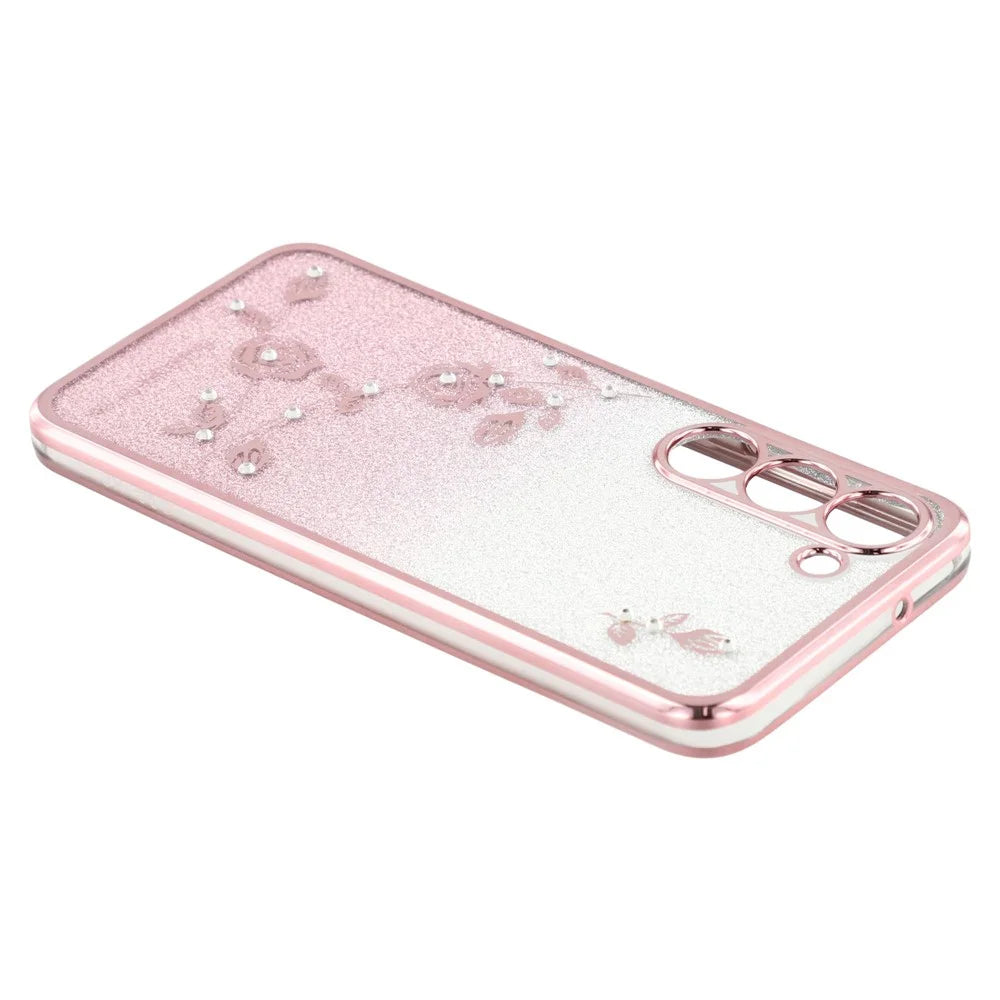 KADEM For Samsung Galaxy S22+ 5G TPU Case with Kickstand Glitter Flower Pattern Rhinestone Decor - Rose Gold - 6