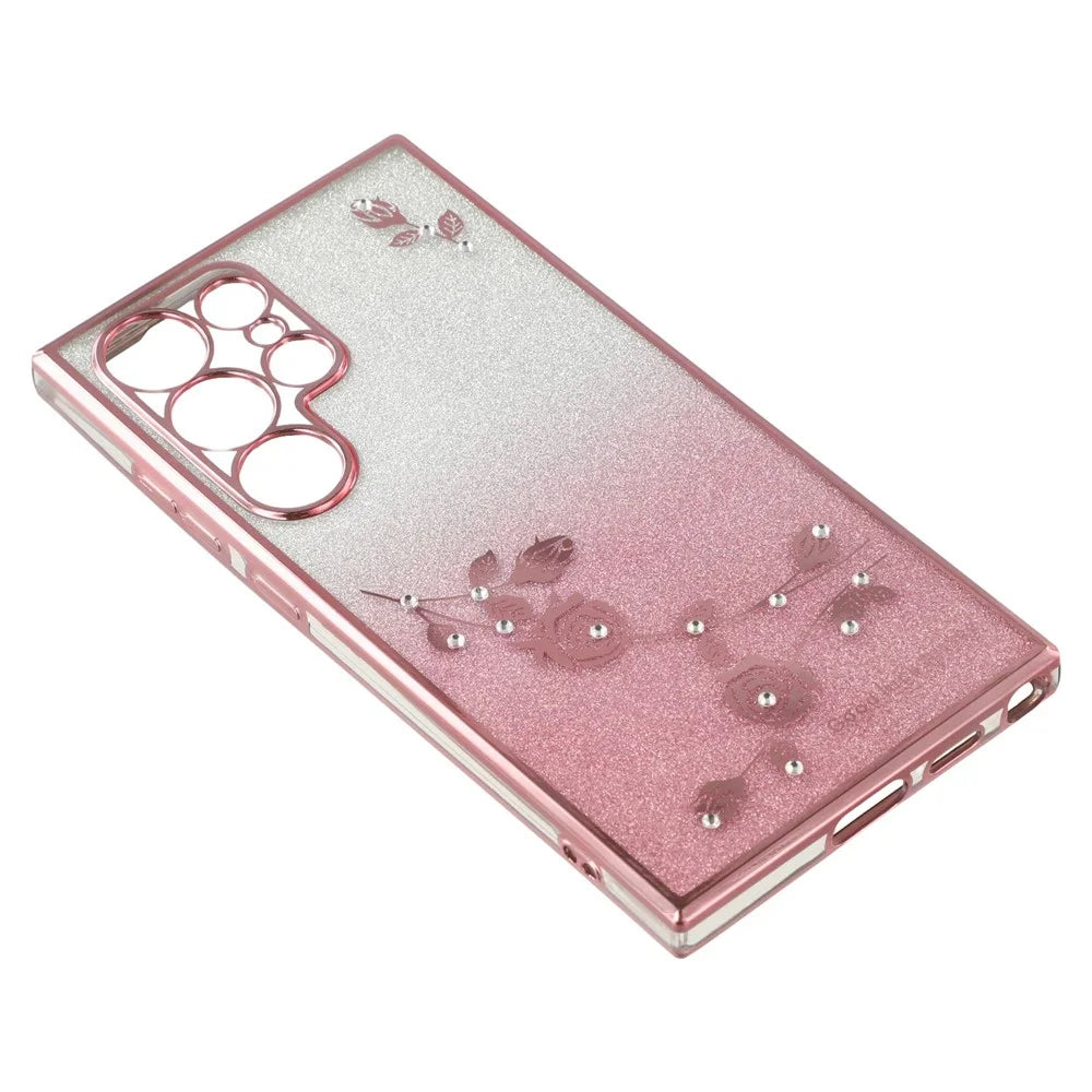 KADEM For Samsung Galaxy S22 Ultra 5G TPU Cover with Kickstand Flower Pattern Rhinestone Decor Phone Back Case - Rose Gold - 6