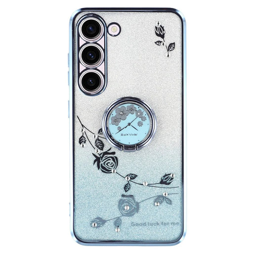 KADEM For Samsung Galaxy S23 TPU Case with Kickstand Flower Pattern Rhinestone Decor - Blue - 1