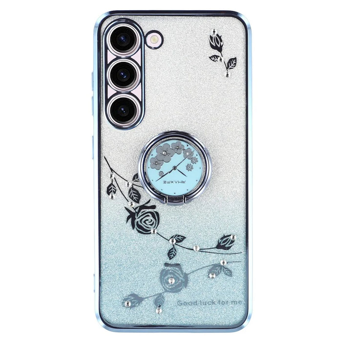 KADEM For Samsung Galaxy S23 TPU Case with Kickstand Flower Pattern Rhinestone Decor - Blue - 1