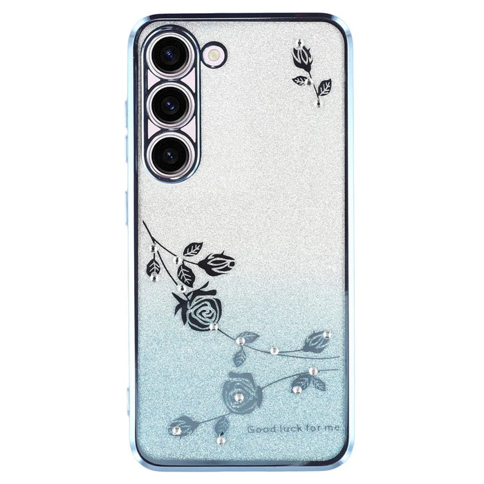 KADEM For Samsung Galaxy S23 TPU Case with Kickstand Flower Pattern Rhinestone Decor - Blue - 3