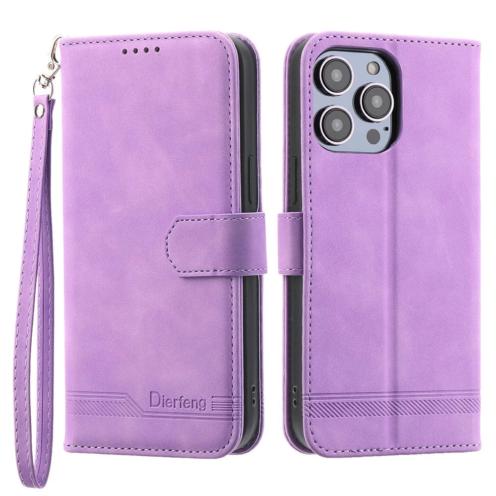 DIERFENG DF-03 Phone Case for iPhone 13 Pro Max 6.7 inch, PU Leather Lines Imprinted Wallet Stand Cover - Purple - 1