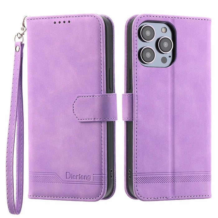 DIERFENG DF-03 Phone Case for iPhone 13 Pro Max 6.7 inch, PU Leather Lines Imprinted Wallet Stand Cover - Purple - 1