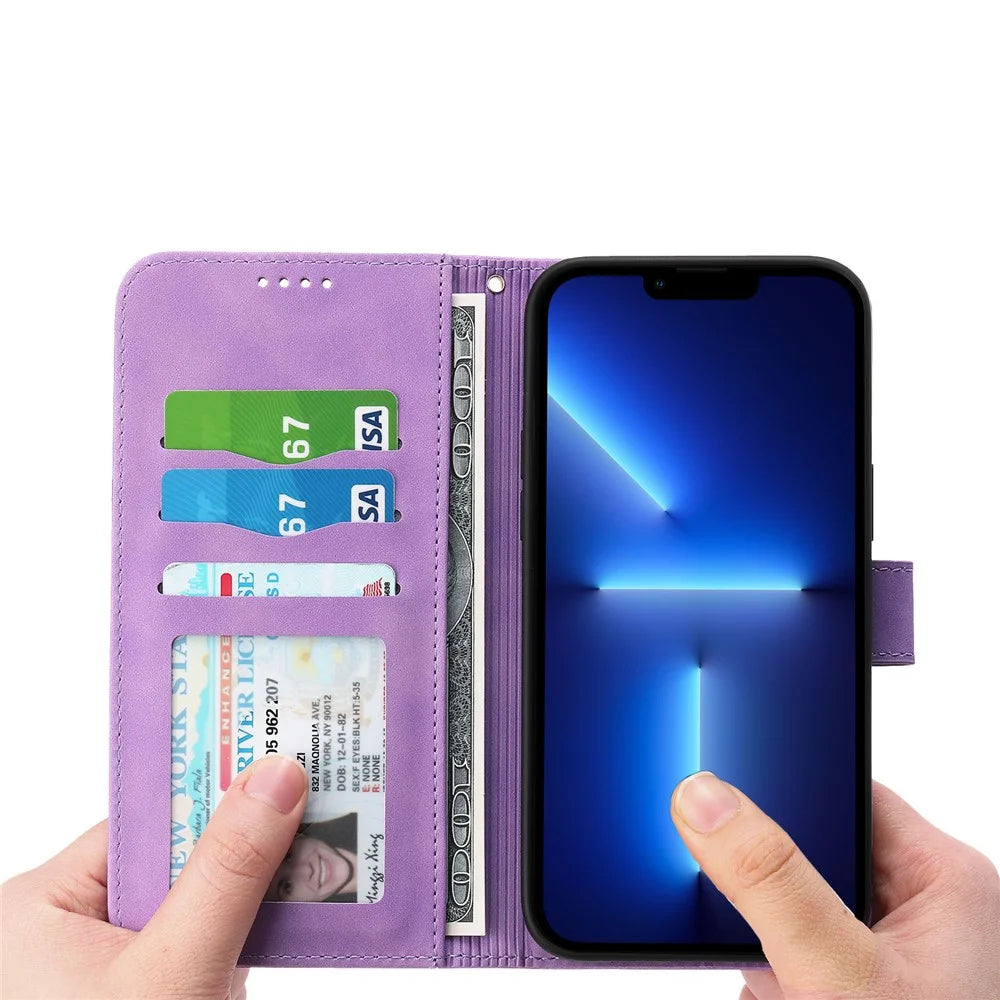 DIERFENG DF-03 Phone Case for iPhone 13 Pro Max 6.7 inch, PU Leather Lines Imprinted Wallet Stand Cover - Purple - 2