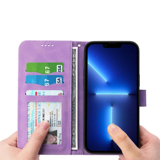 DIERFENG DF-03 Phone Case for iPhone 13 Pro Max 6.7 inch, PU Leather Lines Imprinted Wallet Stand Cover - Purple - 2