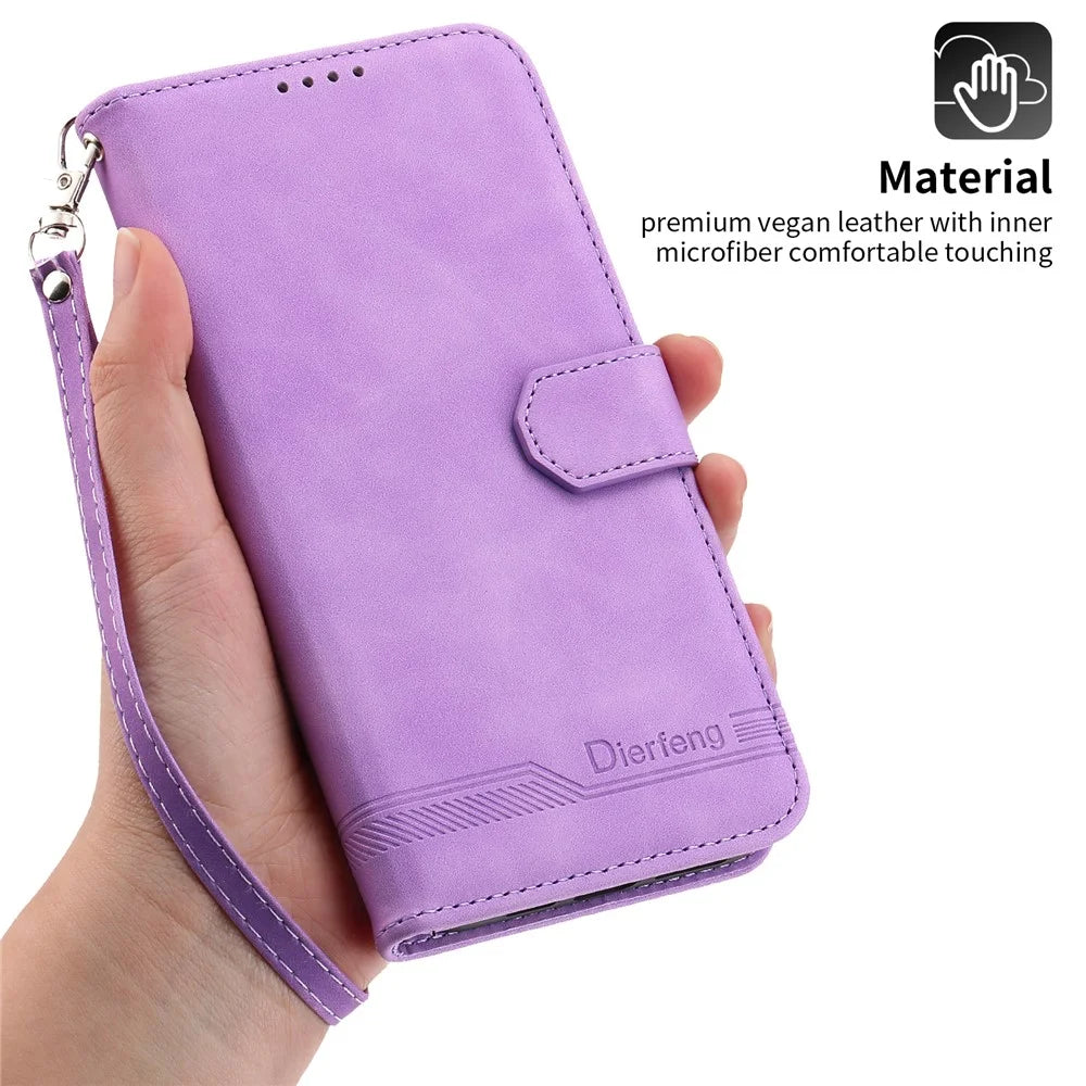 DIERFENG DF-03 Phone Case for iPhone 13 Pro Max 6.7 inch, PU Leather Lines Imprinted Wallet Stand Cover - Purple - 4