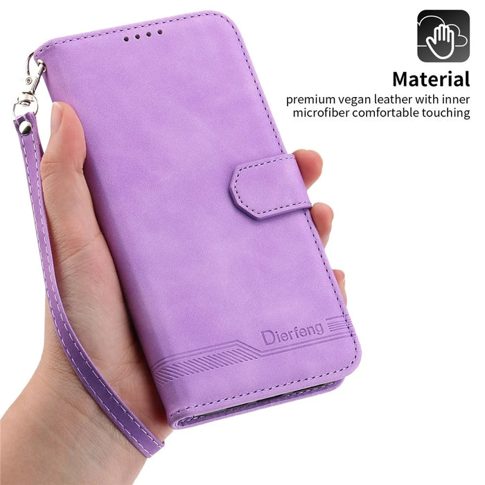 DIERFENG DF-03 Phone Case for iPhone 13 Pro Max 6.7 inch, PU Leather Lines Imprinted Wallet Stand Cover - Purple - 4