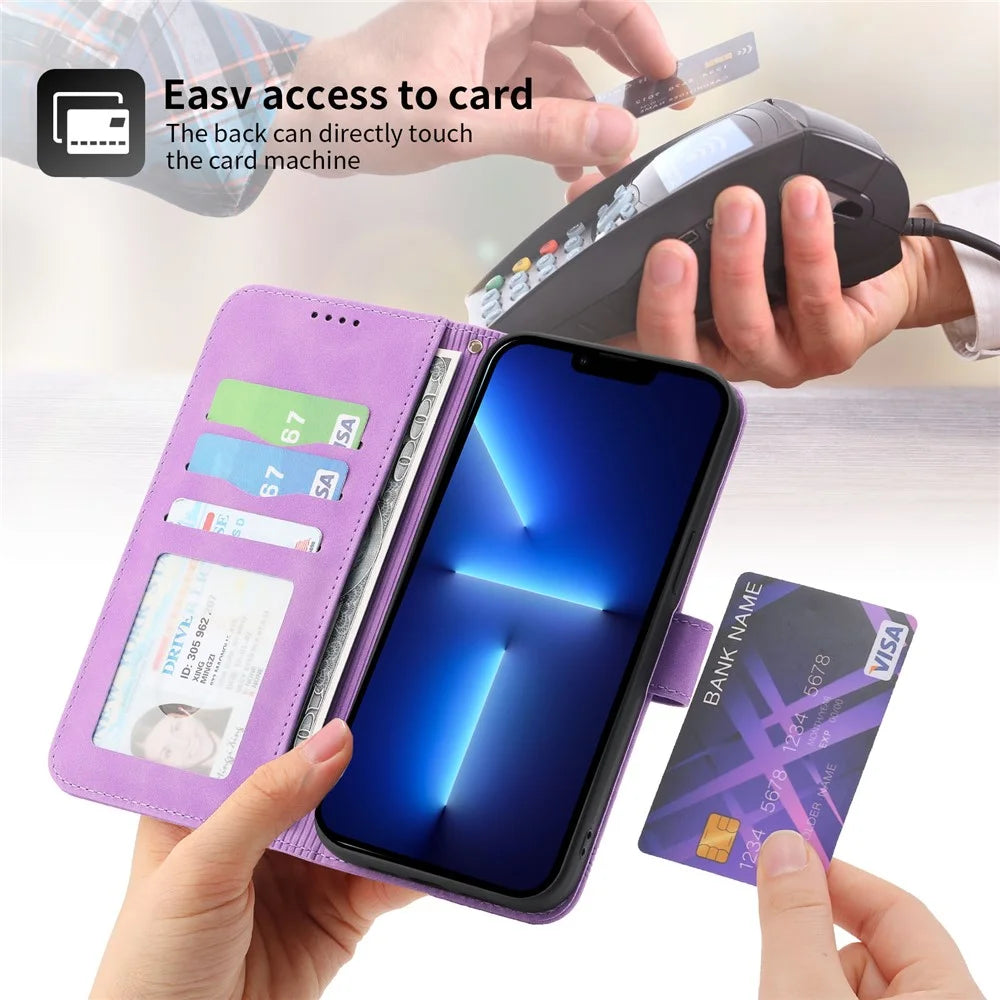 DIERFENG DF-03 Phone Case for iPhone 13 Pro Max 6.7 inch, PU Leather Lines Imprinted Wallet Stand Cover - Purple - 5