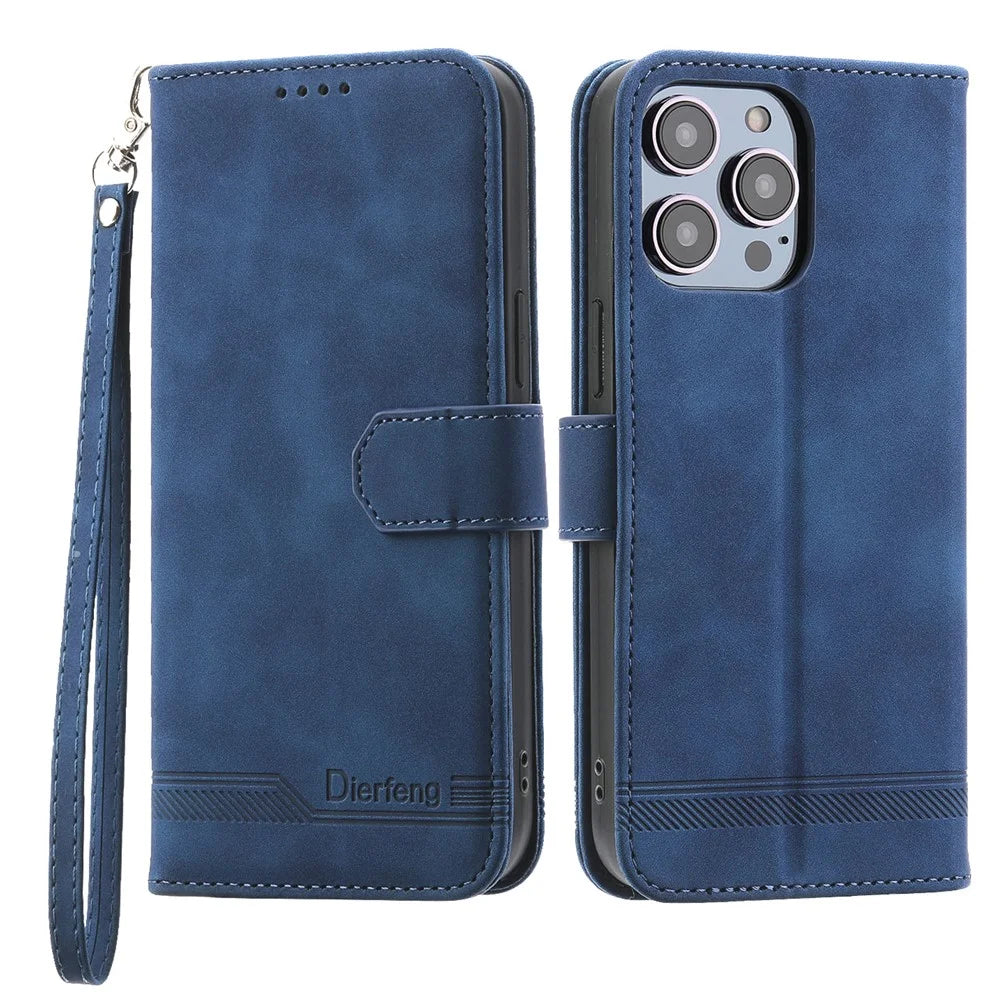 DIERFENG DF-03 PU Leather Case for iPhone 13 Pro 6.1 inch, Lines Imprinted Wallet Stand Protective Phone Cover - Blue - 1