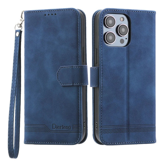 DIERFENG DF-03 PU Leather Case for iPhone 13 Pro 6.1 inch, Lines Imprinted Wallet Stand Protective Phone Cover - Blue - 1