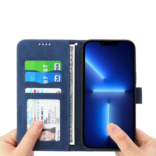 DIERFENG DF-03 PU Leather Case for iPhone 13 Pro 6.1 inch, Lines Imprinted Wallet Stand Protective Phone Cover - Blue - 2