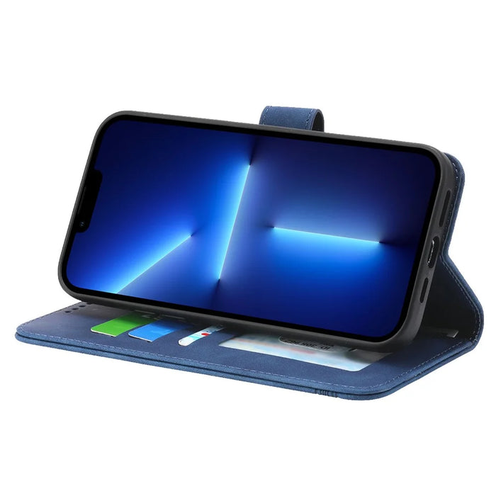 DIERFENG DF-03 PU Leather Case for iPhone 13 Pro 6.1 inch, Lines Imprinted Wallet Stand Protective Phone Cover - Blue - 3