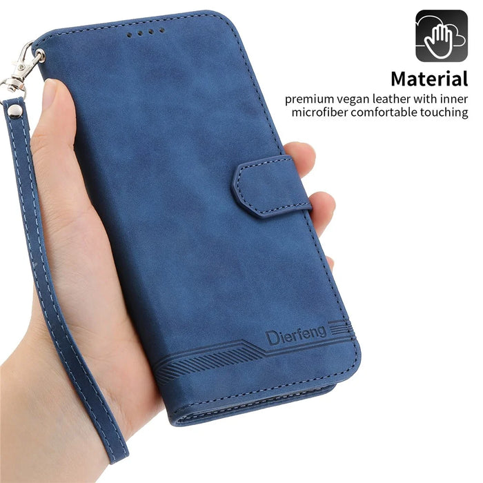 DIERFENG DF-03 PU Leather Case for iPhone 13 Pro 6.1 inch, Lines Imprinted Wallet Stand Protective Phone Cover - Blue - 4