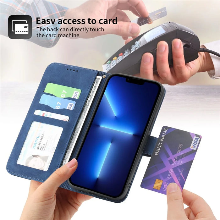 DIERFENG DF-03 PU Leather Case for iPhone 13 Pro 6.1 inch, Lines Imprinted Wallet Stand Protective Phone Cover - Blue - 5