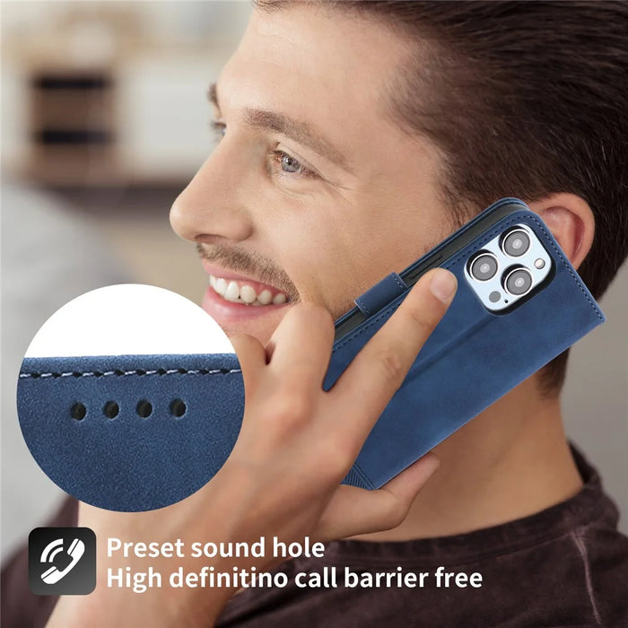 DIERFENG DF-03 PU Leather Case for iPhone 13 Pro 6.1 inch, Lines Imprinted Wallet Stand Protective Phone Cover - Blue - 6