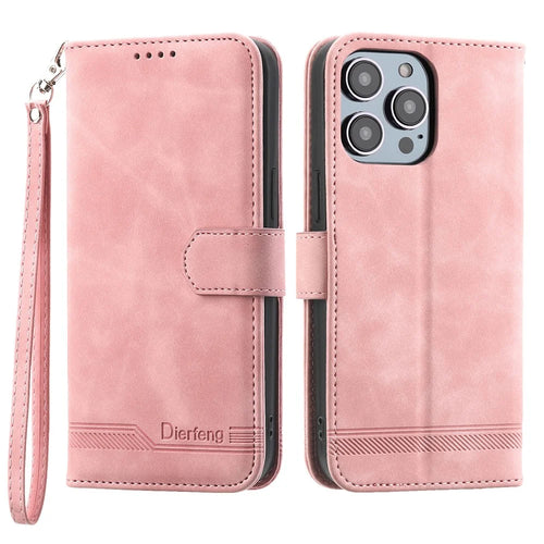 DIERFENG DF-03 for iPhone 14 Pro Max PU Leather Case Lines Imprinted Shockproof Phone Wallet Stand Cover - Pink - 1