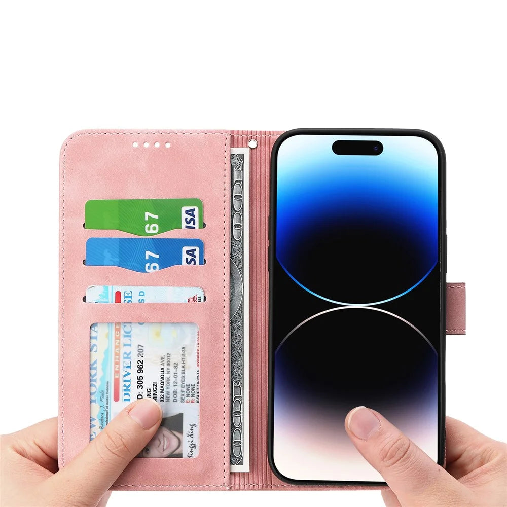 DIERFENG DF-03 for iPhone 14 Pro Max PU Leather Case Lines Imprinted Shockproof Phone Wallet Stand Cover - Pink - 2