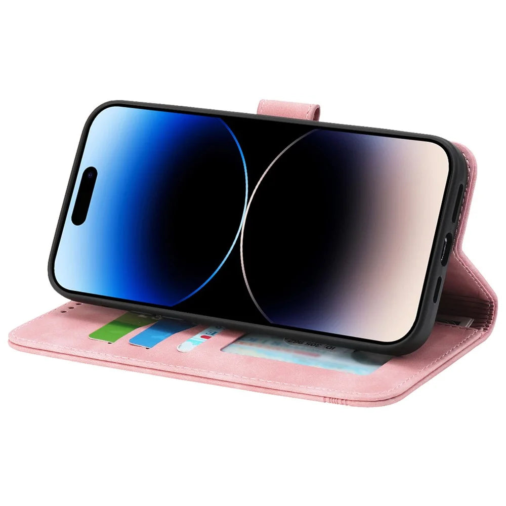 DIERFENG DF-03 for iPhone 14 Pro Max PU Leather Case Lines Imprinted Shockproof Phone Wallet Stand Cover - Pink - 3