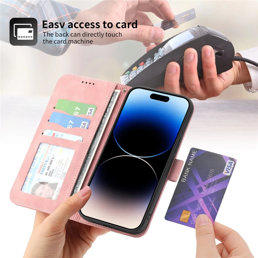 DIERFENG DF-03 for iPhone 14 Pro Max PU Leather Case Lines Imprinted Shockproof Phone Wallet Stand Cover - Pink - 5