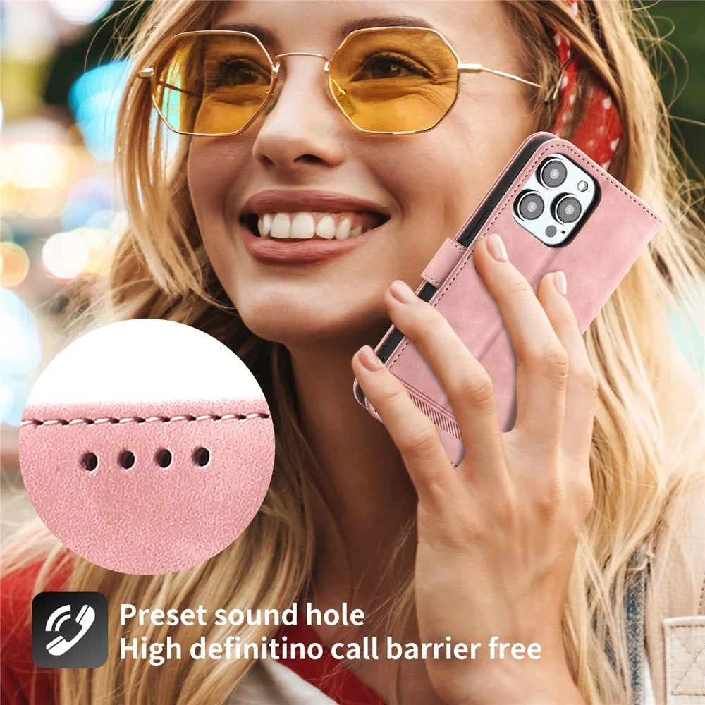 DIERFENG DF-03 for iPhone 14 Pro Max PU Leather Case Lines Imprinted Shockproof Phone Wallet Stand Cover - Pink - 6