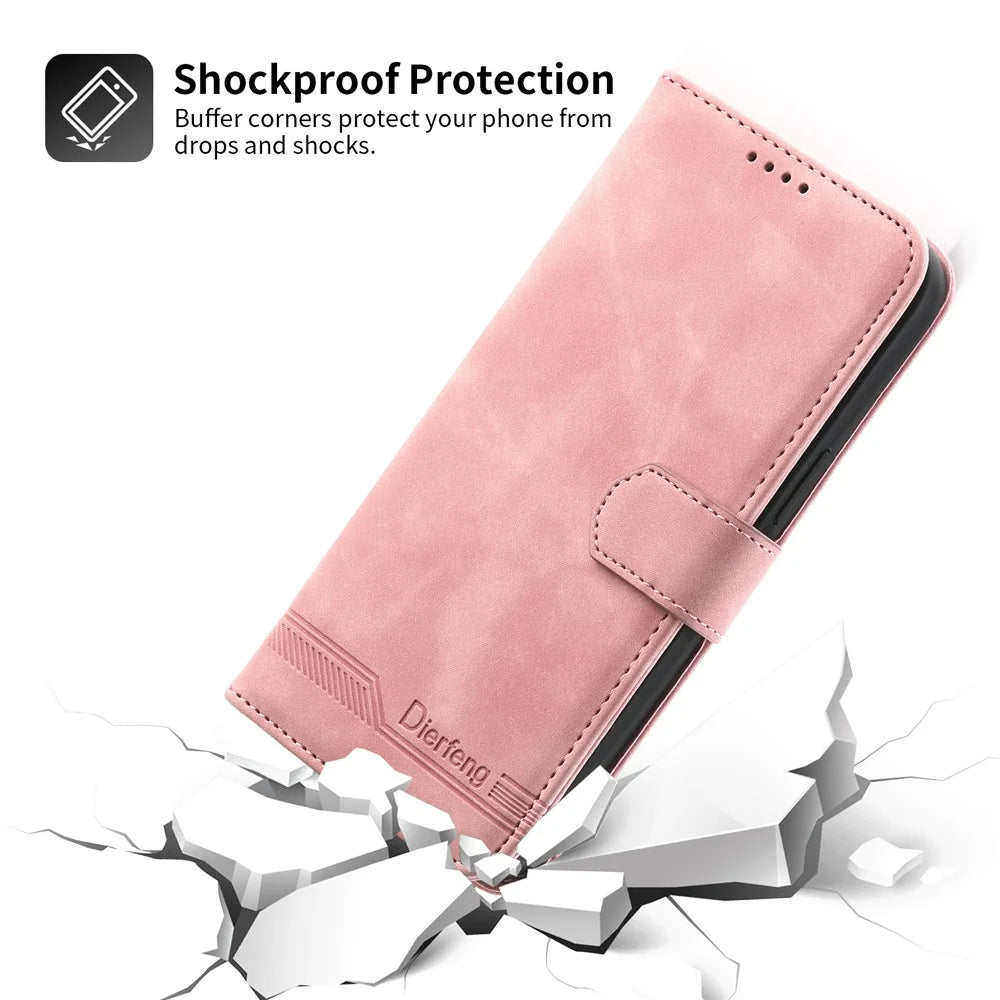 DIERFENG DF-03 for iPhone 14 Pro Max PU Leather Case Lines Imprinted Shockproof Phone Wallet Stand Cover - Pink - 7
