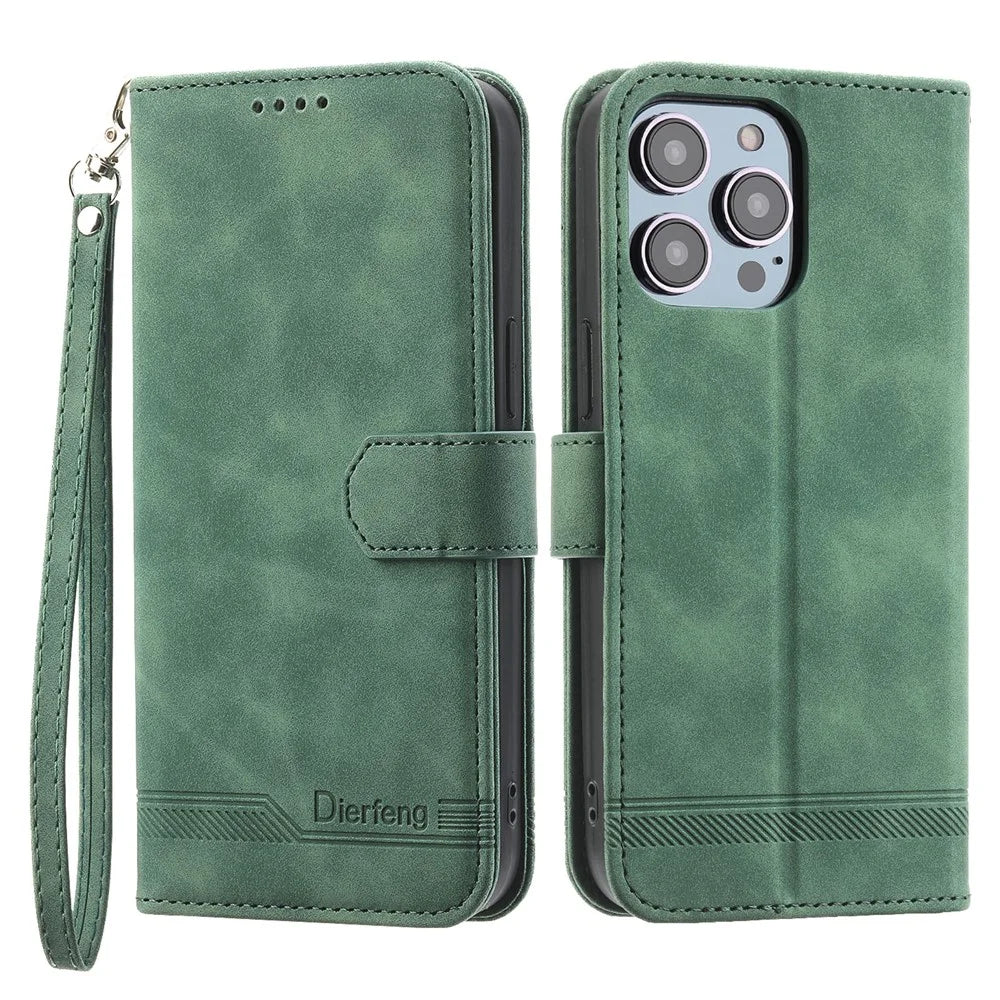 DIERFENG DF-03 Lines Imprinted Phone Case for iPhone 14 Pro, PU Leather Magnetic Clasp Wallet Stand Cover - Green - 1