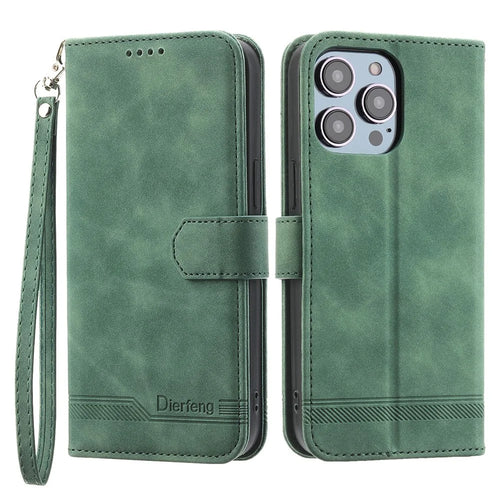 DIERFENG DF-03 Lines Imprinted Phone Case for iPhone 14 Pro, PU Leather Magnetic Clasp Wallet Stand Cover - Green - 1