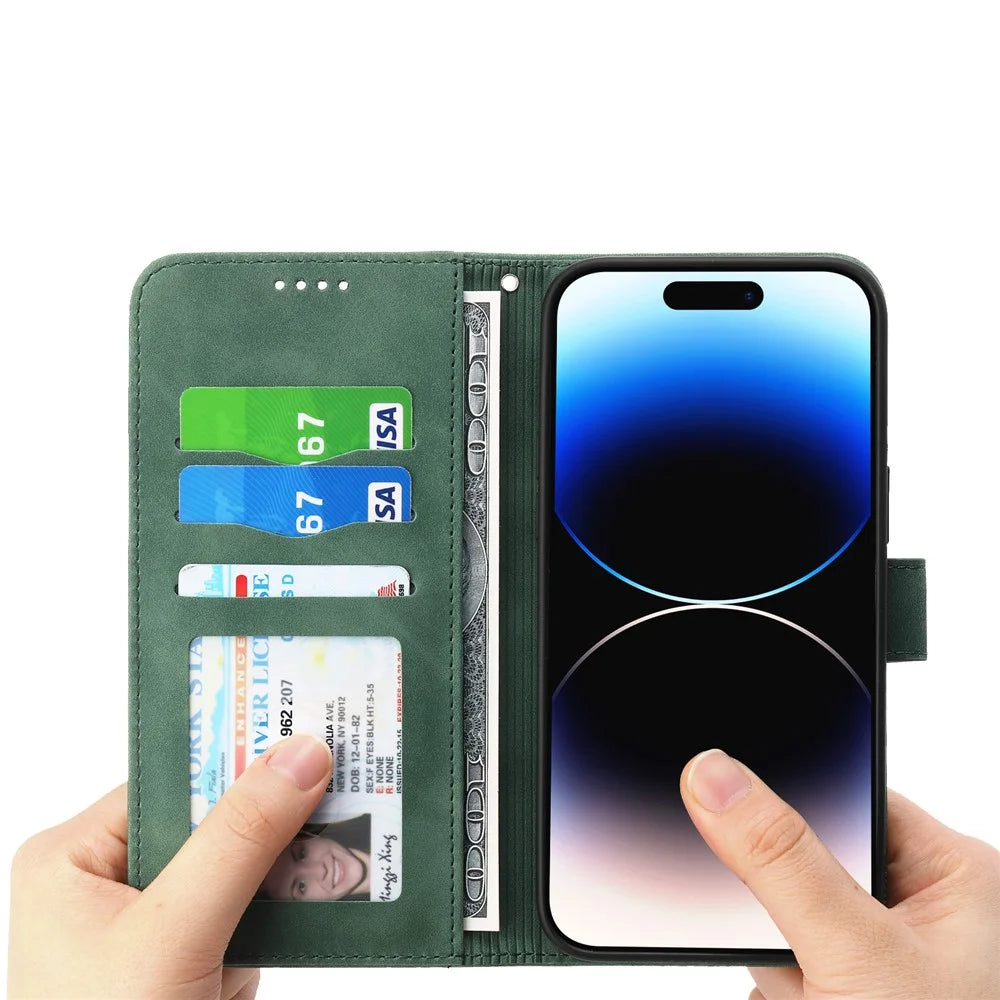 DIERFENG DF-03 Lines Imprinted Phone Case for iPhone 14 Pro, PU Leather Magnetic Clasp Wallet Stand Cover - Green - 2