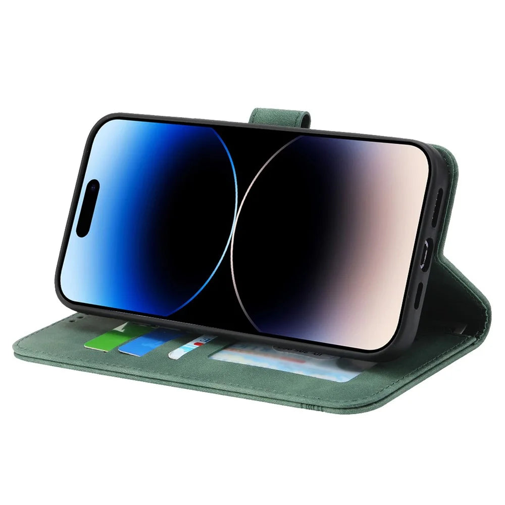 DIERFENG DF-03 Lines Imprinted Phone Case for iPhone 14 Pro, PU Leather Magnetic Clasp Wallet Stand Cover - Green - 3