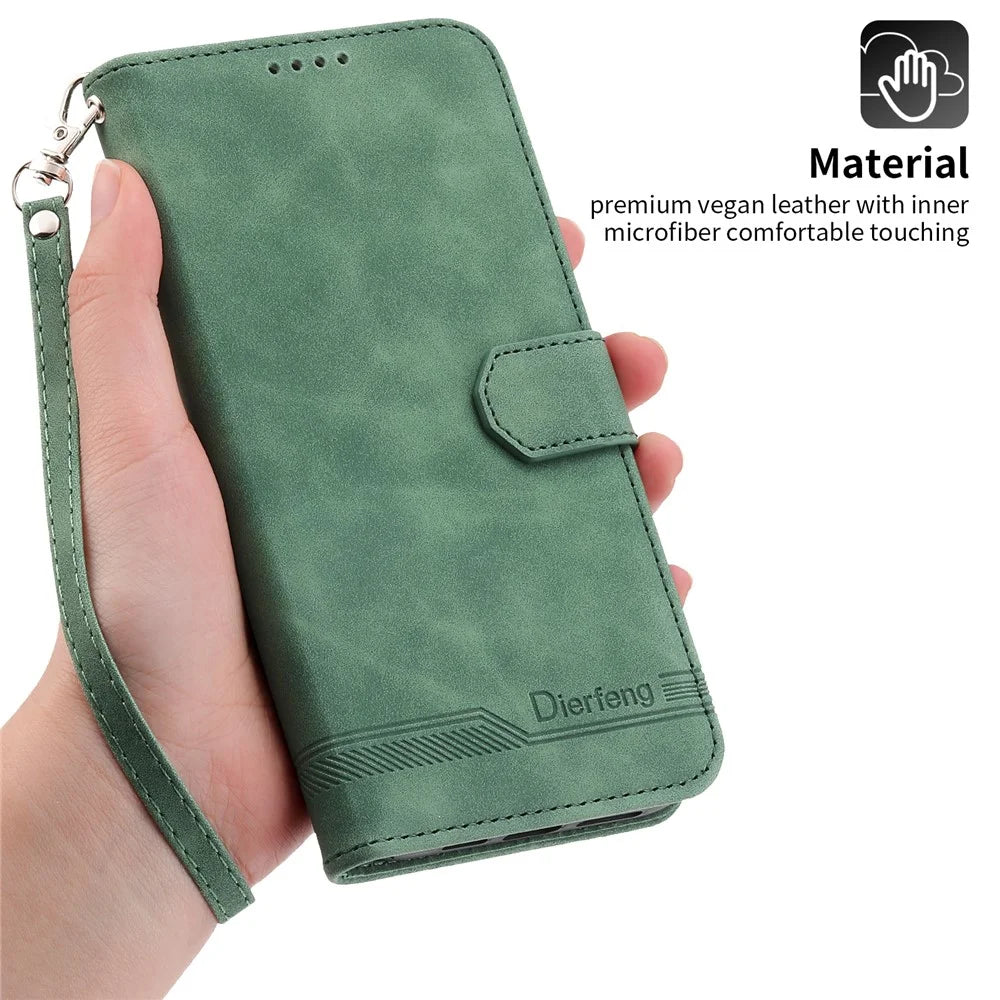 DIERFENG DF-03 Lines Imprinted Phone Case for iPhone 14 Pro, PU Leather Magnetic Clasp Wallet Stand Cover - Green - 4