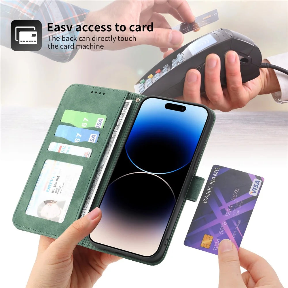 DIERFENG DF-03 Lines Imprinted Phone Case for iPhone 14 Pro, PU Leather Magnetic Clasp Wallet Stand Cover - Green - 5