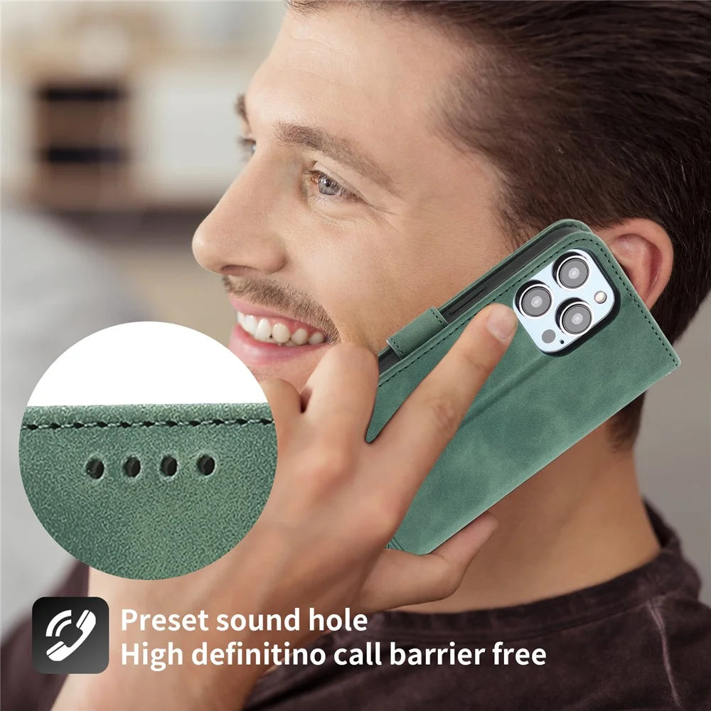 DIERFENG DF-03 Lines Imprinted Phone Case for iPhone 14 Pro, PU Leather Magnetic Clasp Wallet Stand Cover - Green - 6