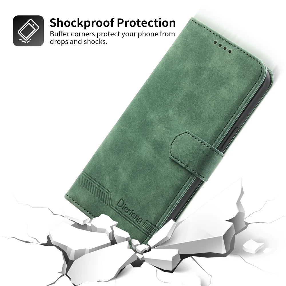 DIERFENG DF-03 Lines Imprinted Phone Case for iPhone 14 Pro, PU Leather Magnetic Clasp Wallet Stand Cover - Green - 7