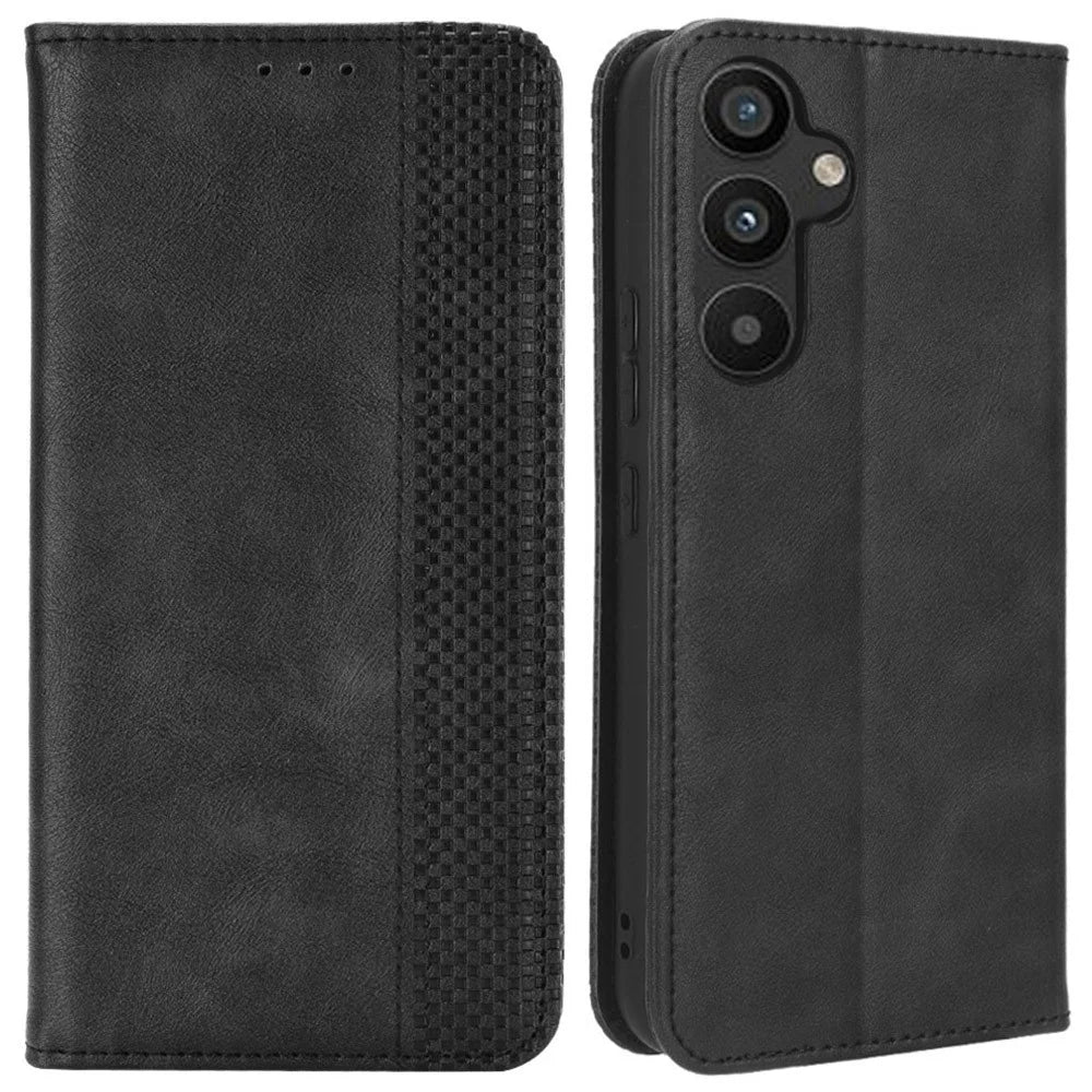 For Samsung Galaxy A34 5G Anti-fall Phone Case Stand Retro Texture Imprinted Pattern Magnetic Auto Closing Flip Leather Wallet Phone Cover - Black - 1