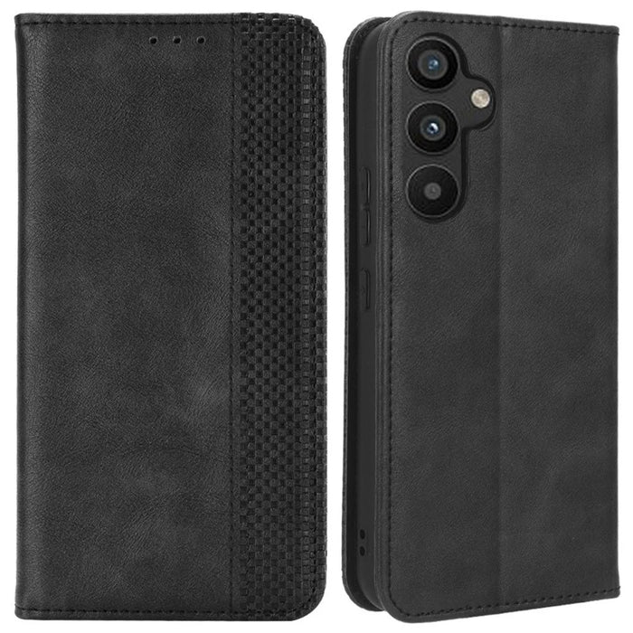 For Samsung Galaxy A34 5G Anti-fall Phone Case Stand Retro Texture Imprinted Pattern Magnetic Auto Closing Flip Leather Wallet Phone Cover - Black - 1