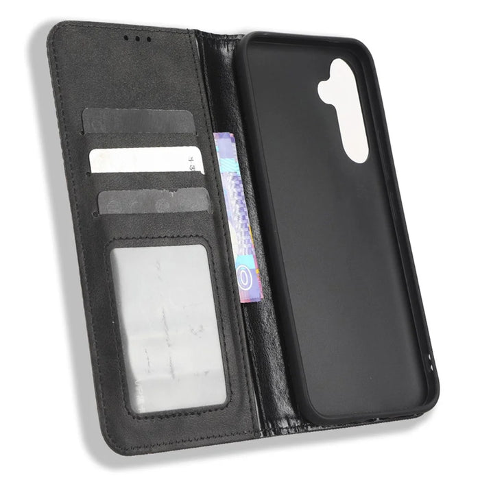 For Samsung Galaxy A34 5G Anti-fall Phone Case Stand Retro Texture Imprinted Pattern Magnetic Auto Closing Flip Leather Wallet Phone Cover - Black - 4
