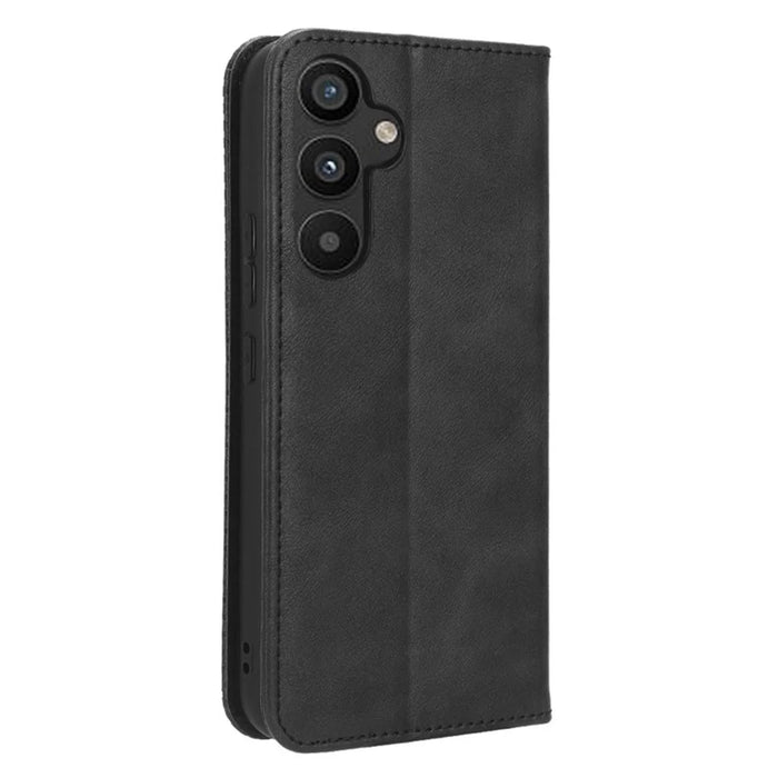 For Samsung Galaxy A34 5G Anti-fall Phone Case Stand Retro Texture Imprinted Pattern Magnetic Auto Closing Flip Leather Wallet Phone Cover - Black - 7