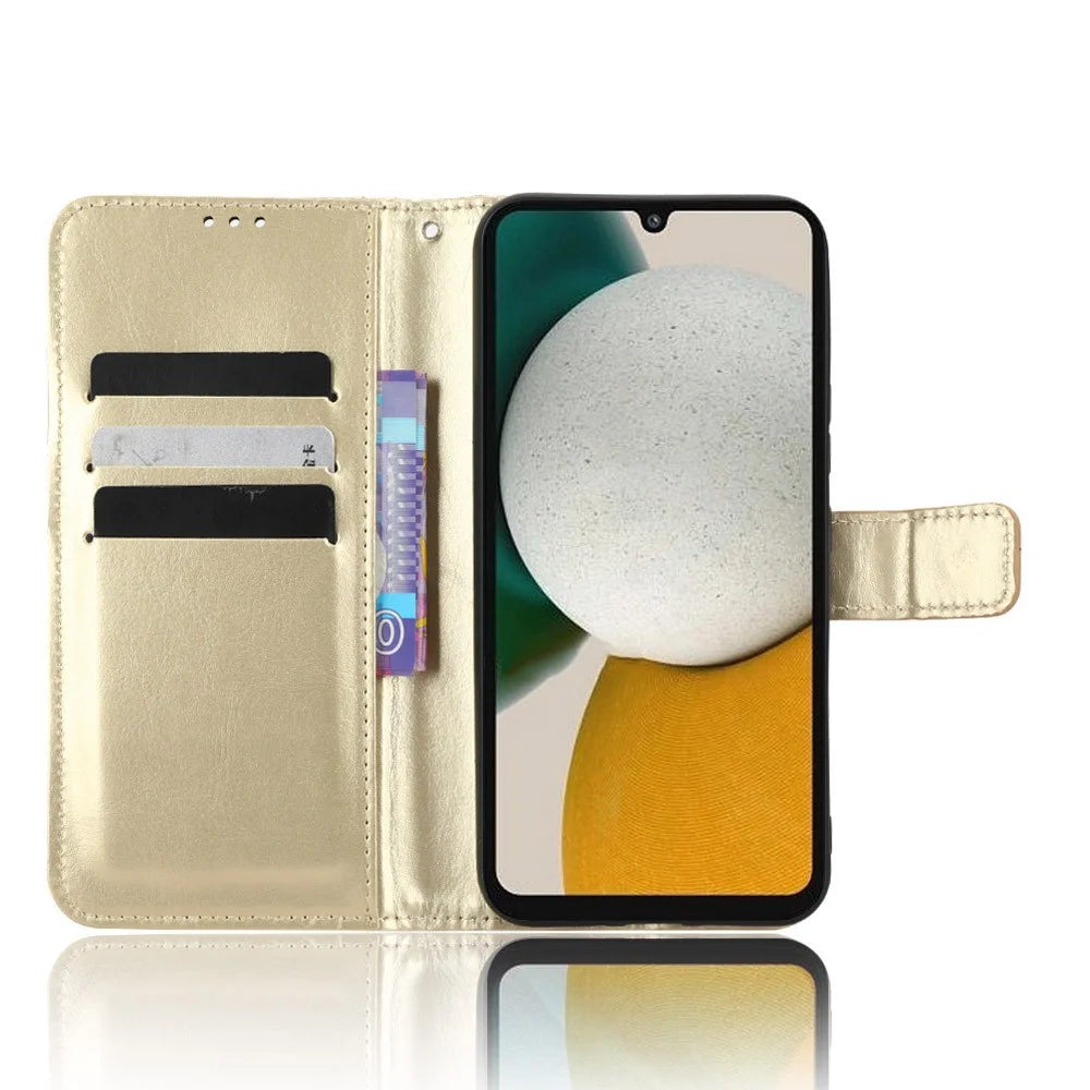 For Samsung Galaxy A34 5G Crazy Horse Texture Magnetic Cell Phone Case Wallet Foldable Stand Shockproof PU Leather Phone Cover with Strap - Gold - 2