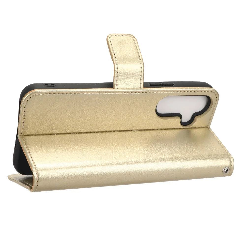 For Samsung Galaxy A34 5G Crazy Horse Texture Magnetic Cell Phone Case Wallet Foldable Stand Shockproof PU Leather Phone Cover with Strap - Gold - 3