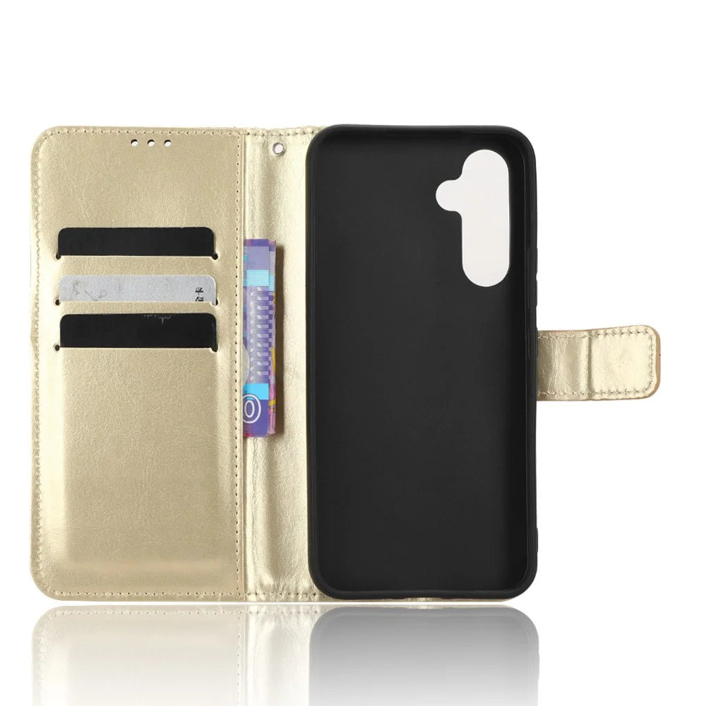For Samsung Galaxy A34 5G Crazy Horse Texture Magnetic Cell Phone Case Wallet Foldable Stand Shockproof PU Leather Phone Cover with Strap - Gold - 4