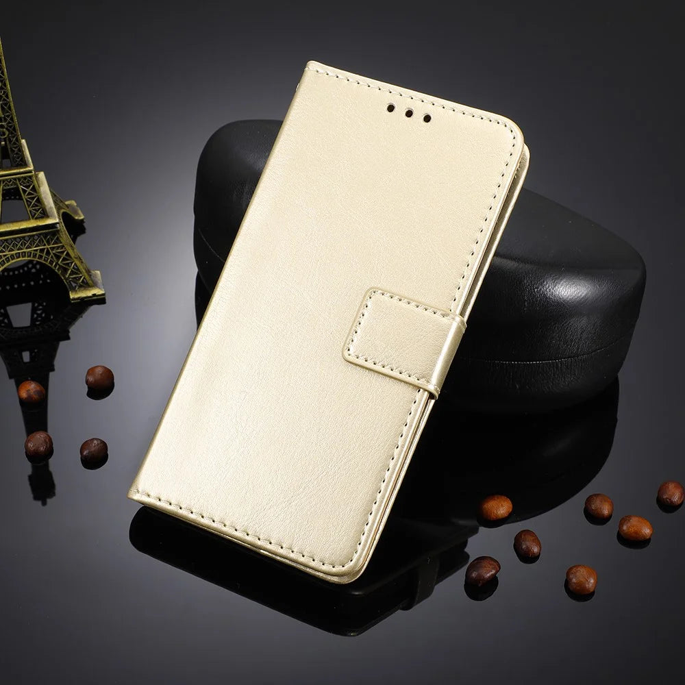 For Samsung Galaxy A34 5G Crazy Horse Texture Magnetic Cell Phone Case Wallet Foldable Stand Shockproof PU Leather Phone Cover with Strap - Gold - 5