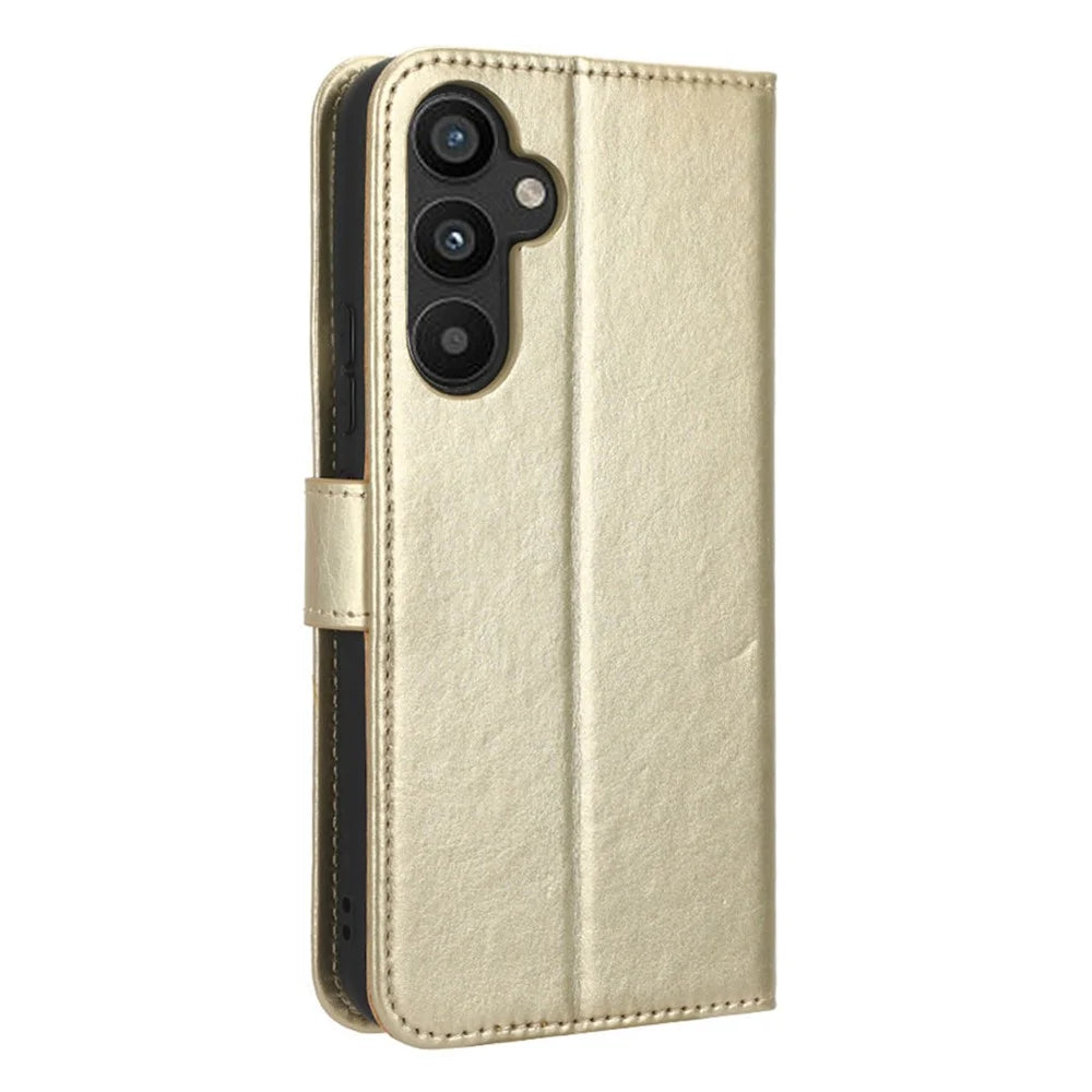 For Samsung Galaxy A34 5G Crazy Horse Texture Magnetic Cell Phone Case Wallet Foldable Stand Shockproof PU Leather Phone Cover with Strap - Gold - 7