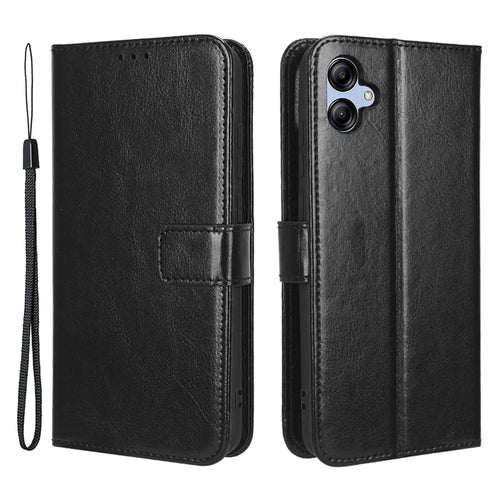 Drop-proof Phone Case For Samsung Galaxy A04e 4G / F04 4G / M04 4G, Crazy Horse Texture Magnetic Flip Wallet Stand PU Leather Cell Phone Cover with Strap - Black - 1