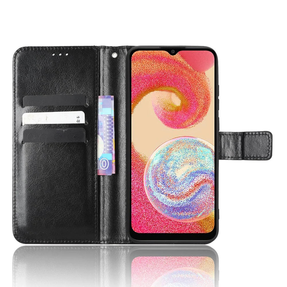 Drop-proof Phone Case For Samsung Galaxy A04e 4G / F04 4G / M04 4G, Crazy Horse Texture Magnetic Flip Wallet Stand PU Leather Cell Phone Cover with Strap - Black - 2