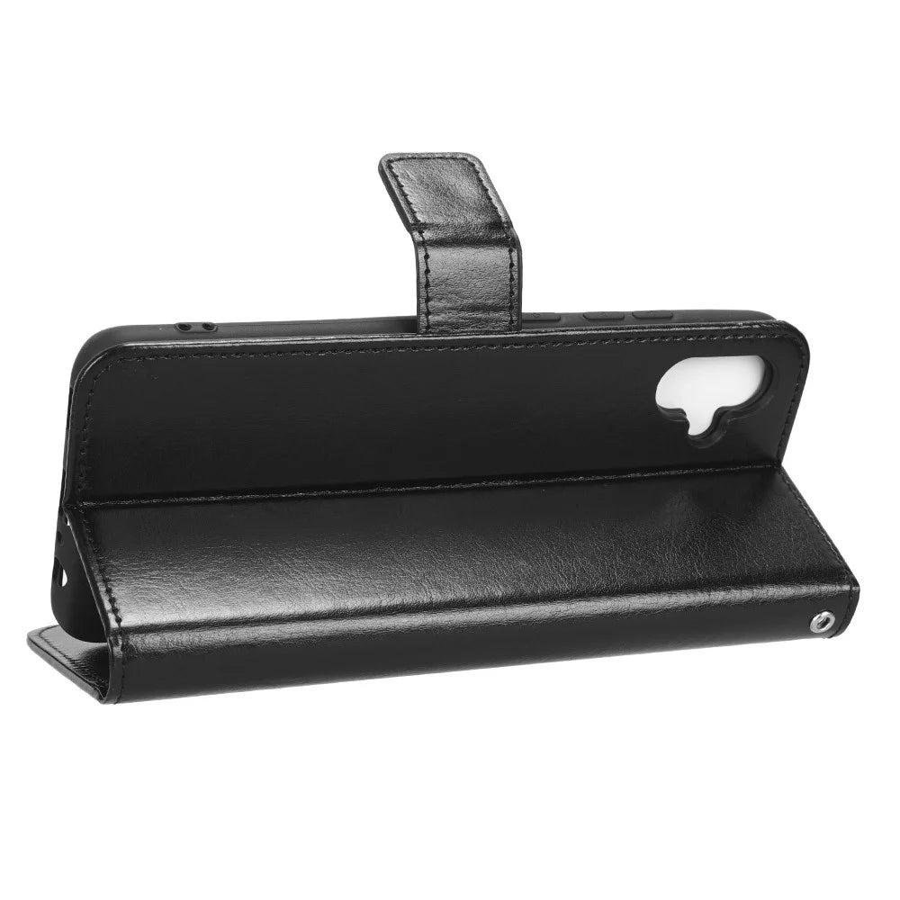 Drop-proof Phone Case For Samsung Galaxy A04e 4G / F04 4G / M04 4G, Crazy Horse Texture Magnetic Flip Wallet Stand PU Leather Cell Phone Cover with Strap - Black - 3