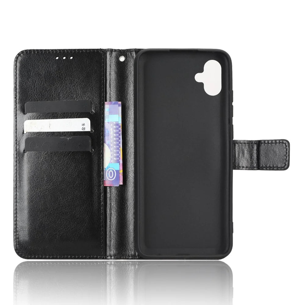 Drop-proof Phone Case For Samsung Galaxy A04e 4G / F04 4G / M04 4G, Crazy Horse Texture Magnetic Flip Wallet Stand PU Leather Cell Phone Cover with Strap - Black - 4