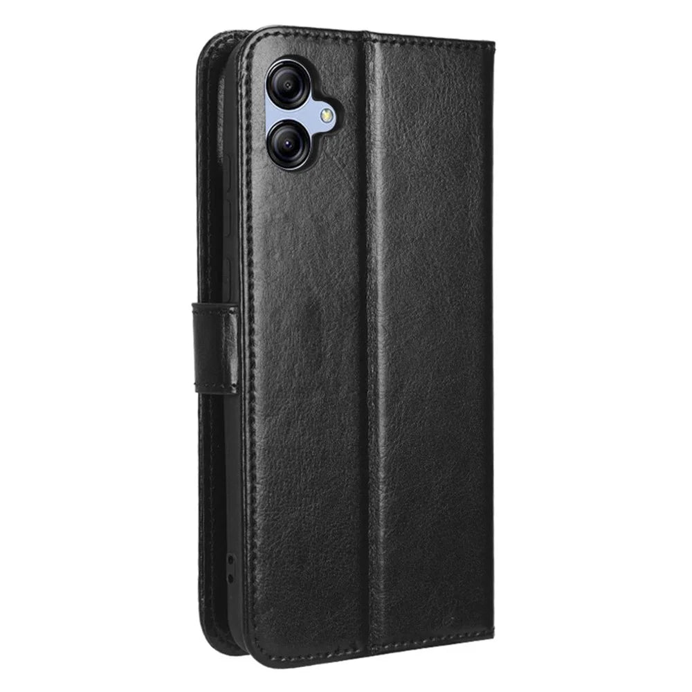 Drop-proof Phone Case For Samsung Galaxy A04e 4G / F04 4G / M04 4G, Crazy Horse Texture Magnetic Flip Wallet Stand PU Leather Cell Phone Cover with Strap - Black - 7